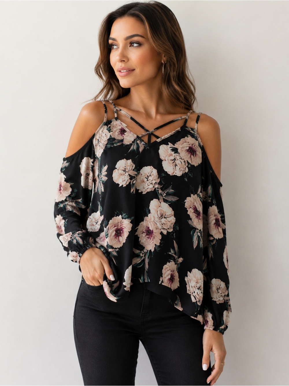 Charlotte Russe Women L Floral Cold Shoulder Blouse Black Long Sleeve